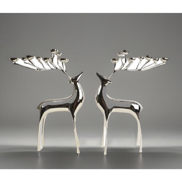 Set of 2 Pottery Barn Silver Reindeer 20” Candle Holder Christmas Décor Holiday - Picture 1 of 16